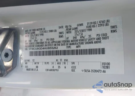 2017 Ford Escape Se from USA, damaged, VIN 1FMCU9GD4HUB55262